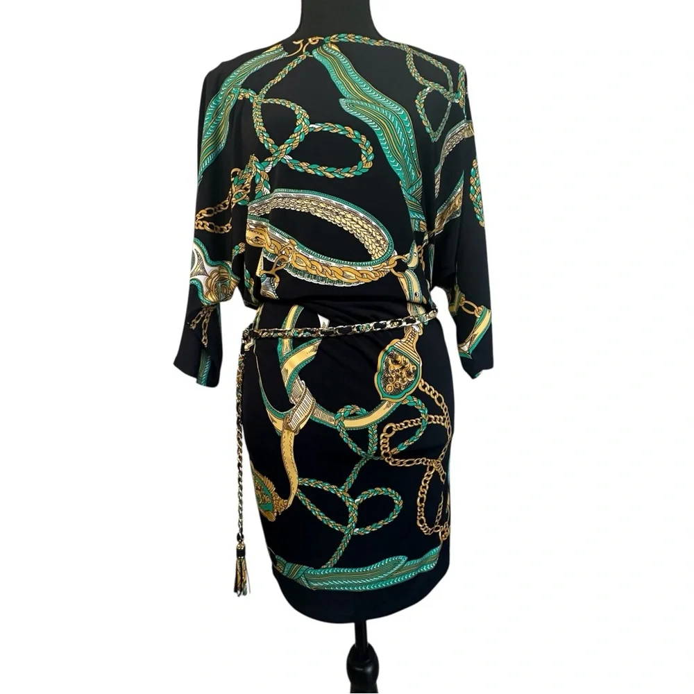 ✨Y2K Cache Dress with Green and Gold Chain Print Size M - Picture 7 of 13